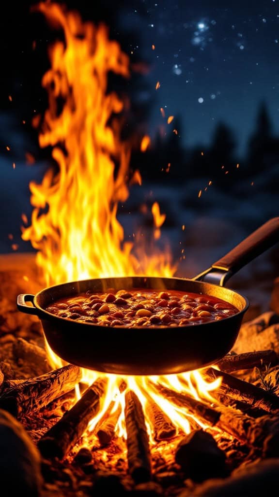 A pot of chili cooking over a campfire surrounded by trees and stars.