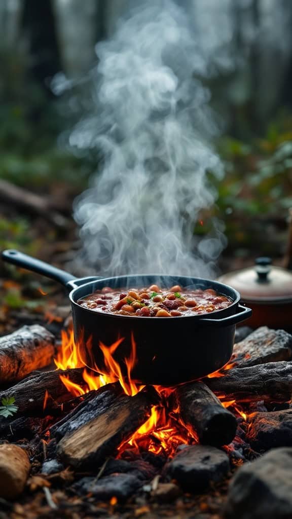 A pot of chili cooking over a campfire with smoke and flames.