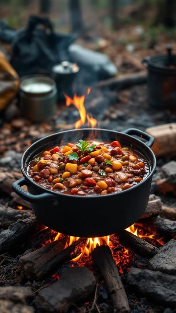 A pot of chili cooking over an open campfire surrounded by logs and nature.