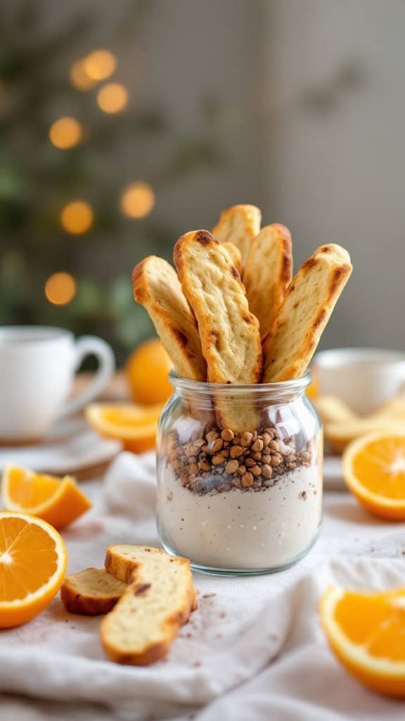 A jar filled with orange cardamom biscotti sticks surrounded by orange slices.