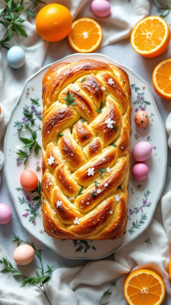 A braided loaf of orange scented Greek Easter bread surrounded by orange slices and pastel eggs.