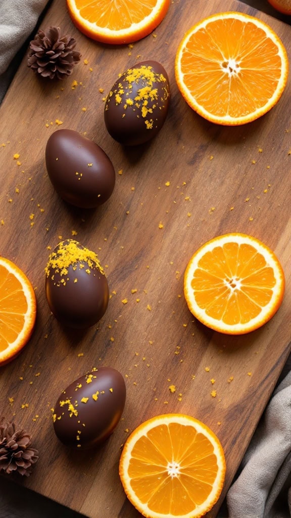 Delicious chocolate eggs decorated with orange zest, surrounded by fresh orange slices on a wooden board.