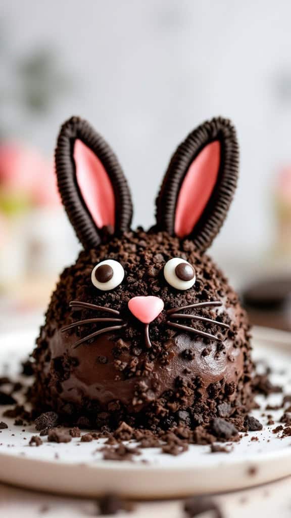 Chocolate Oreo Bunny Cake decorated with cookie crumbs and Oreo ears