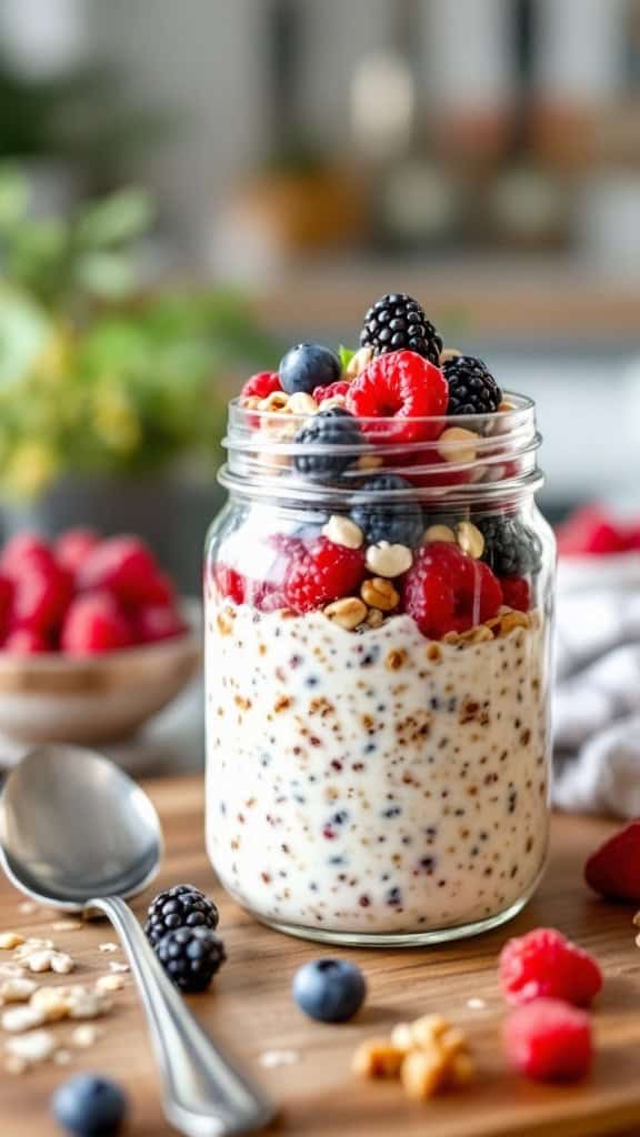 A jar of overnight oats with layers of oats, berries, and nuts.
