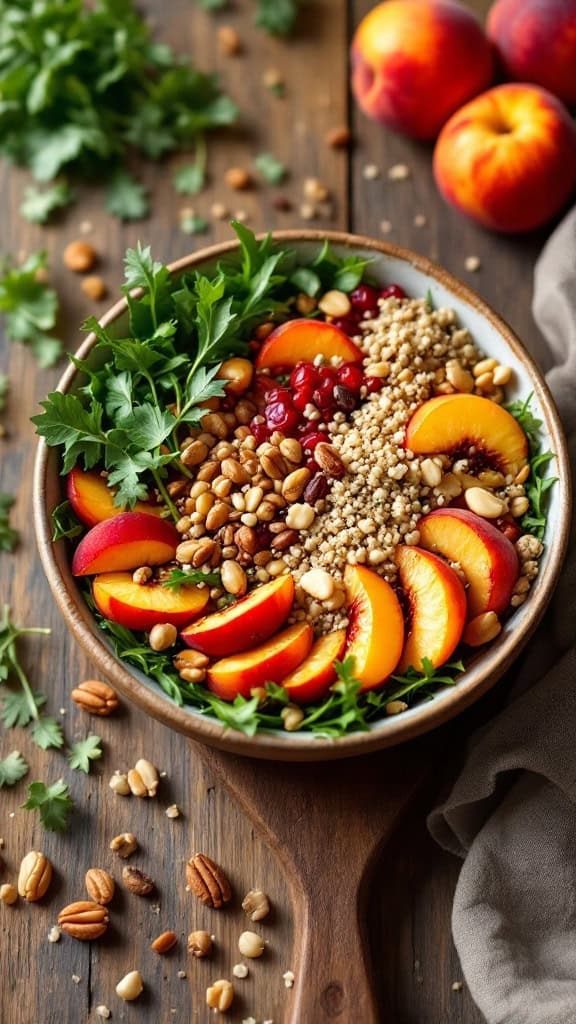 A delicious Peach and Arugula Grain Bowl with fresh peaches, nuts, and grains.
