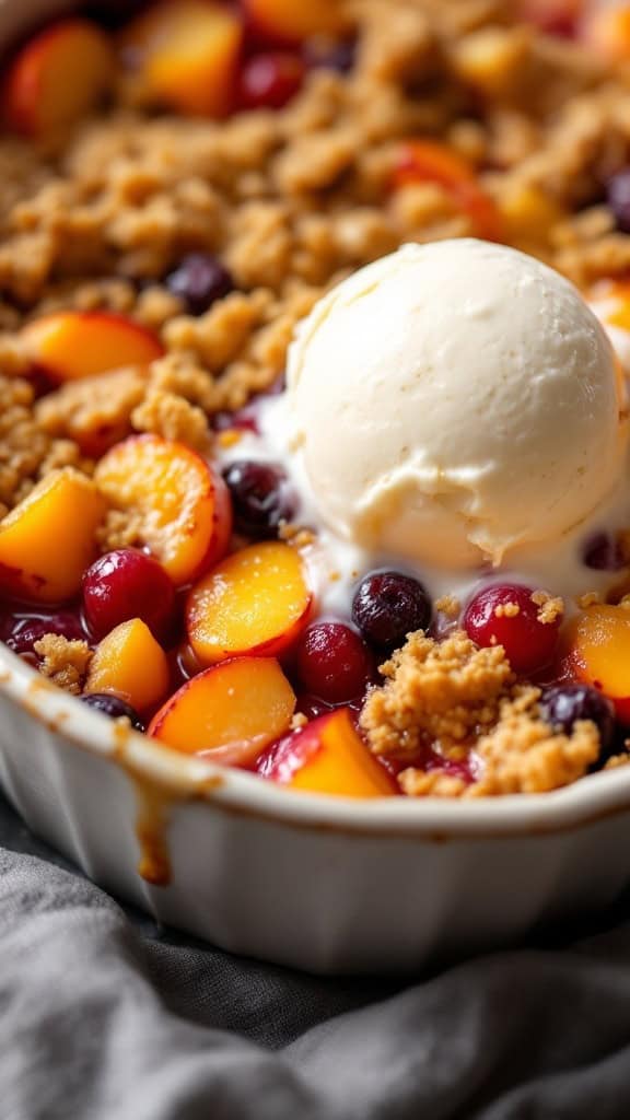 A close-up of a peach and berry crisp topped with vanilla ice cream.