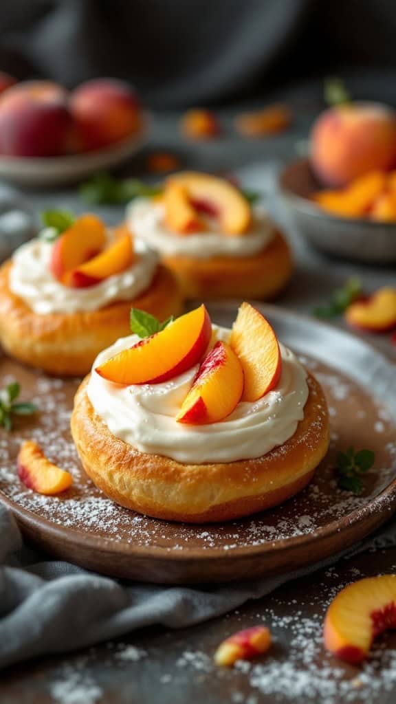 A peach and cream buns with cream and peach slices on a wooden plate.