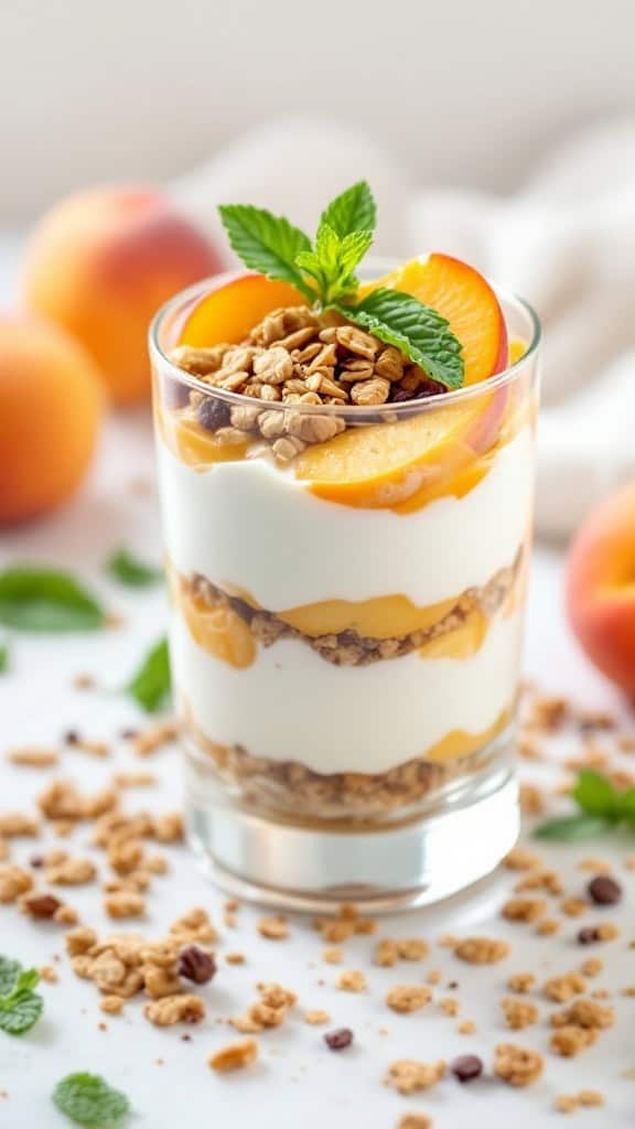 A delicious peach and yogurt parfait with granola and fresh peach slices.