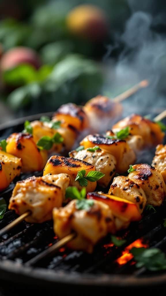 Grilled chicken skewers with peaches and basil on a barbecue grill