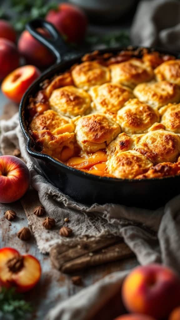 A delicious peach cobbler with homemade biscuit topping in a cast iron skillet, surrounded by fresh peaches.