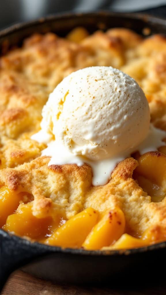 A delicious peach cobbler topped with a scoop of vanilla ice cream.