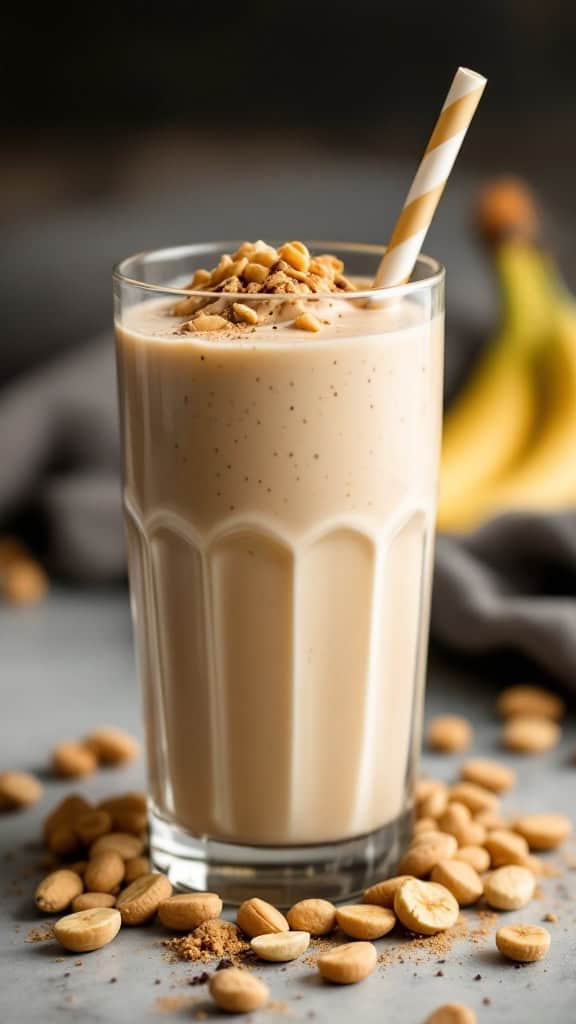 A tall glass of peanut butter banana protein smoothie topped with crushed peanuts and a striped straw, surrounded by peanuts and bananas.