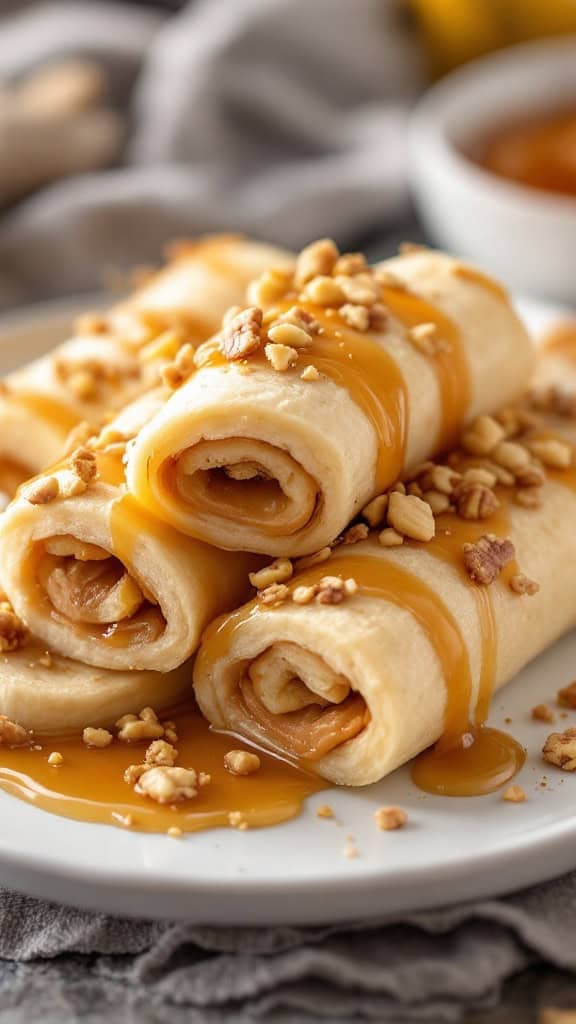 Peanut butter banana roll-ups drizzled with caramel and topped with chopped nuts.
