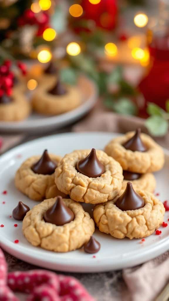 Plate of Peanut Butter Blossom cookies topped with chocolate kisses, surrounded by festive decorations.
