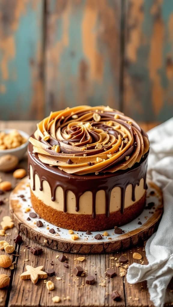 A delicious Peanut Butter Chocolate Swirl Cake topped with swirls of chocolate and peanut butter frosting, garnished with chopped peanuts.