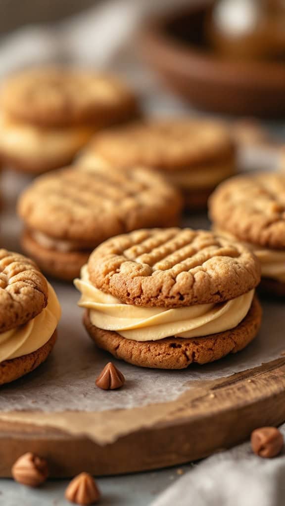 A delicious peanut butter cookie sandwiches with creamy filling on a wooden board.