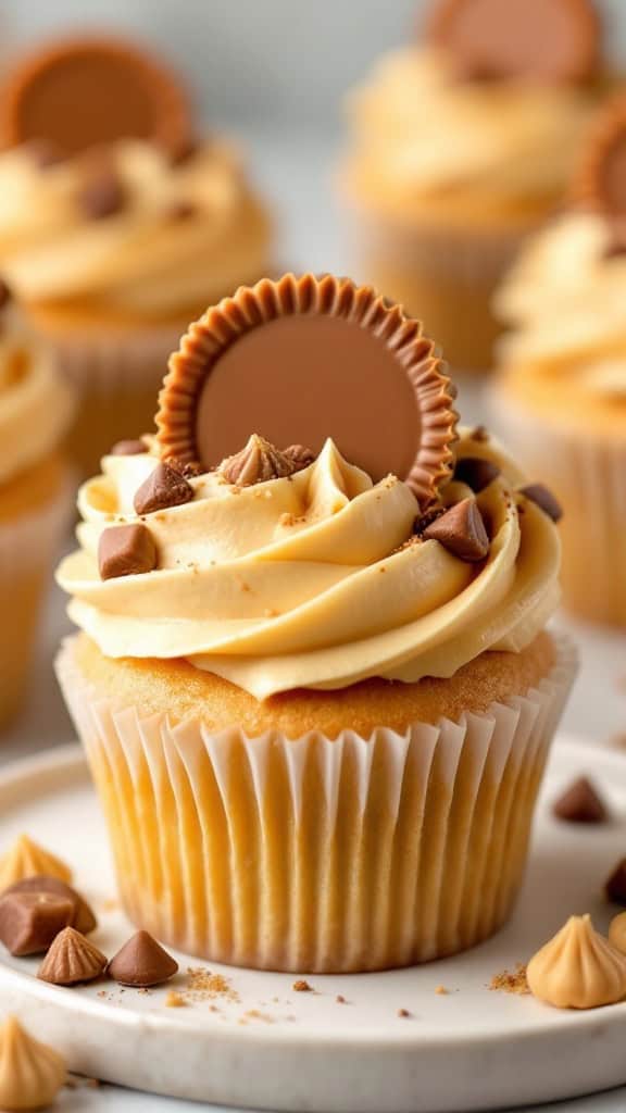 A close-up of a peanut butter cupcake topped with frosting and a chocolate cookie.