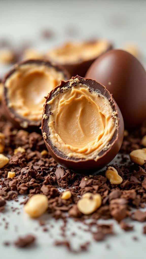 A peanut butter egg cut in half, revealing creamy peanut butter filling, surrounded by chocolate shavings and peanuts.