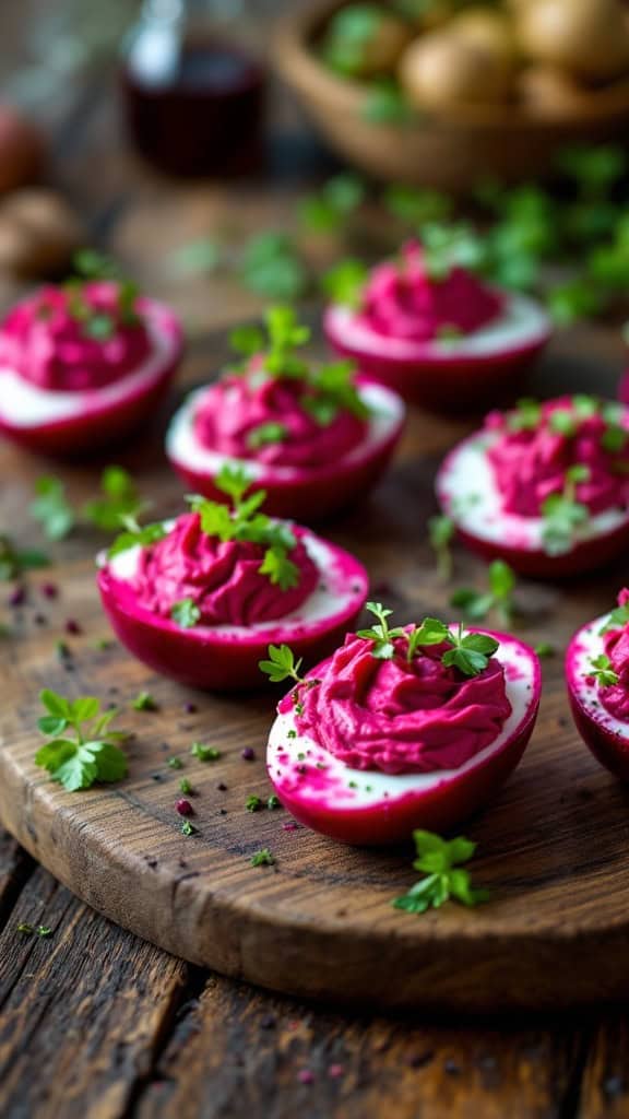 Deviled eggs with a pink beet filling, garnished with fresh herbs on a wooden platter.
