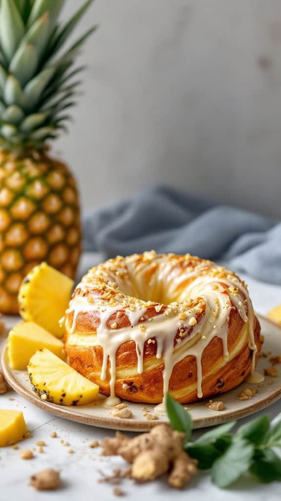A round Easter bun drizzled with icing and topped with nuts, surrounded by fresh pineapple wedges.