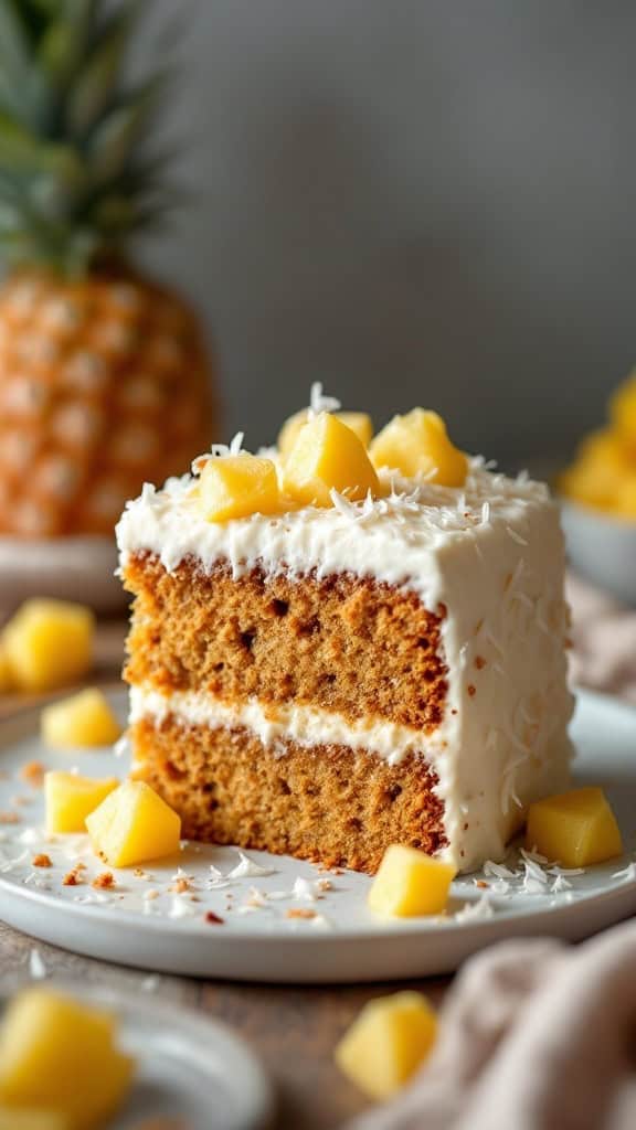 A slice of pineapple carrot cake topped with coconut and pineapple chunks.