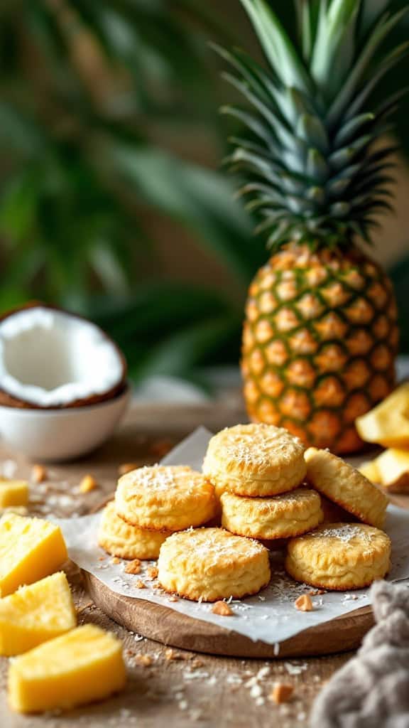 A plate of pineapple coconut biscuits with pineapple and coconut in the background