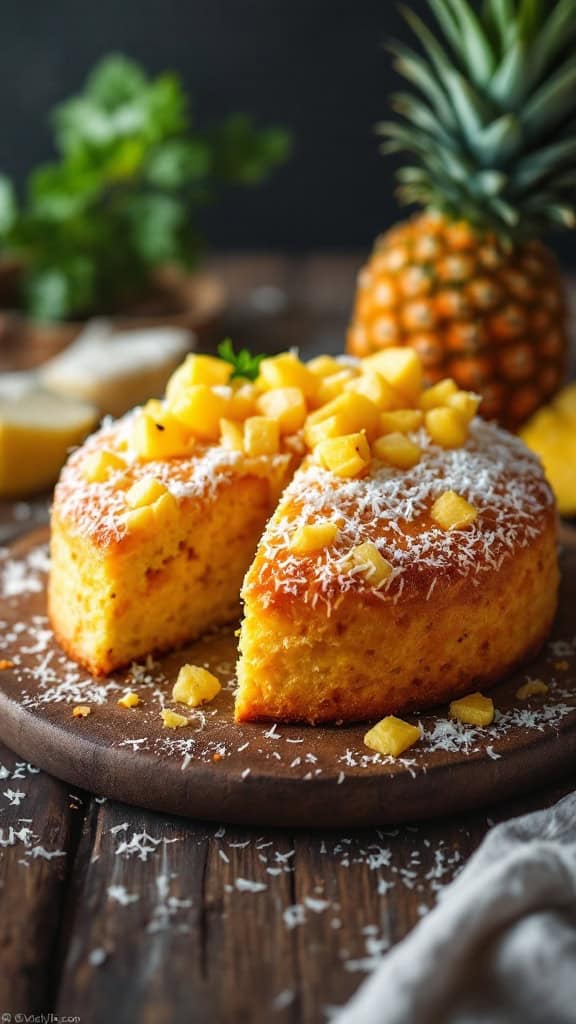 Pineapple coconut carrot cake topped with pineapple chunks and shredded coconut on a wooden board.