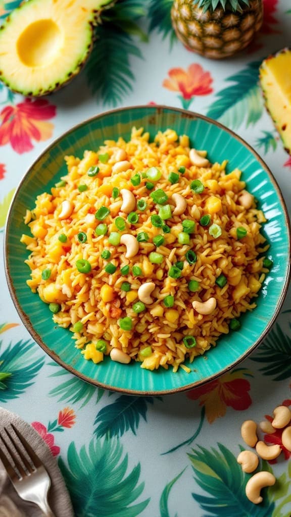 A vibrant bowl of pineapple fried rice garnished with green onions and cashews, surrounded by fresh pineapple.