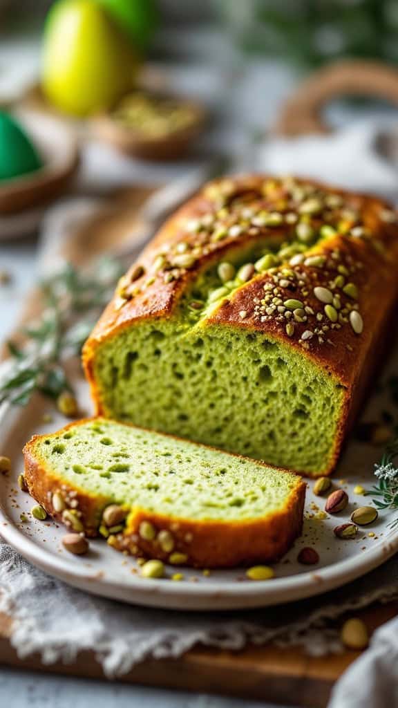 A green pistachio and cardamom Easter bread, sliced to show its soft texture, topped with assorted nuts.