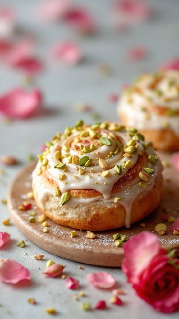 A pistachio and rosewater buns topped with icing and crushed pistachios, surrounded by rose petals.