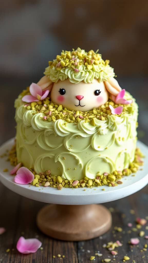 A beautifully decorated pistachio lamb cake with rose water frosting, featuring pistachios and rose petals on top.