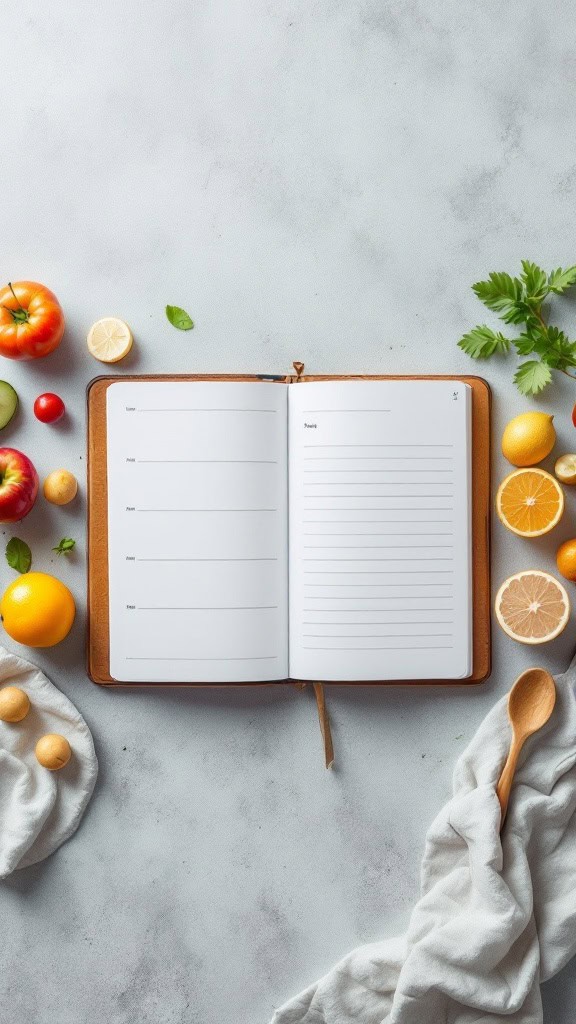 An open meal planner surrounded by fresh fruits and vegetables