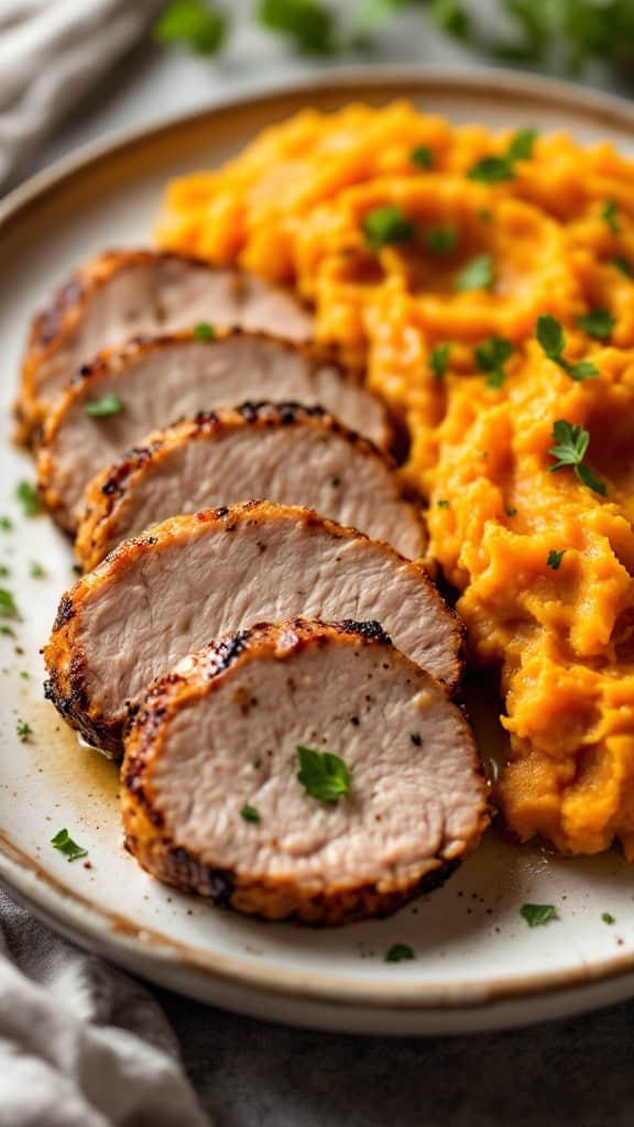 Sliced pork tenderloin served with sweet potato mash on a plate.