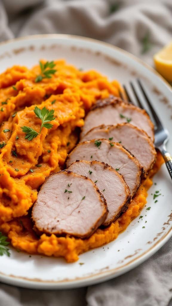 Plate of sliced pork tenderloin next to sweet potato mash, garnished with parsley.