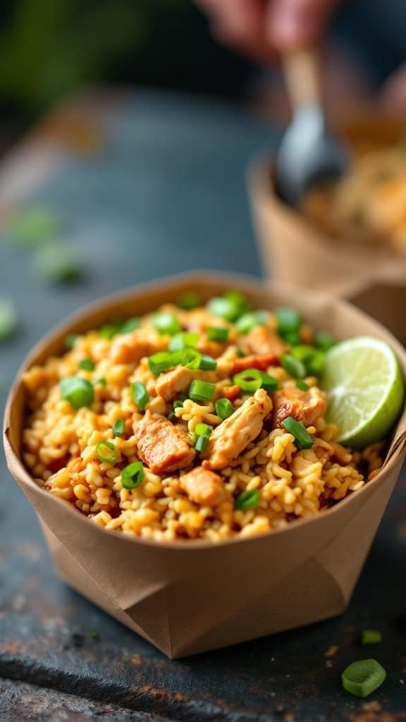 A portable chicken and rice bowl topped with green onions and a lime wedge.