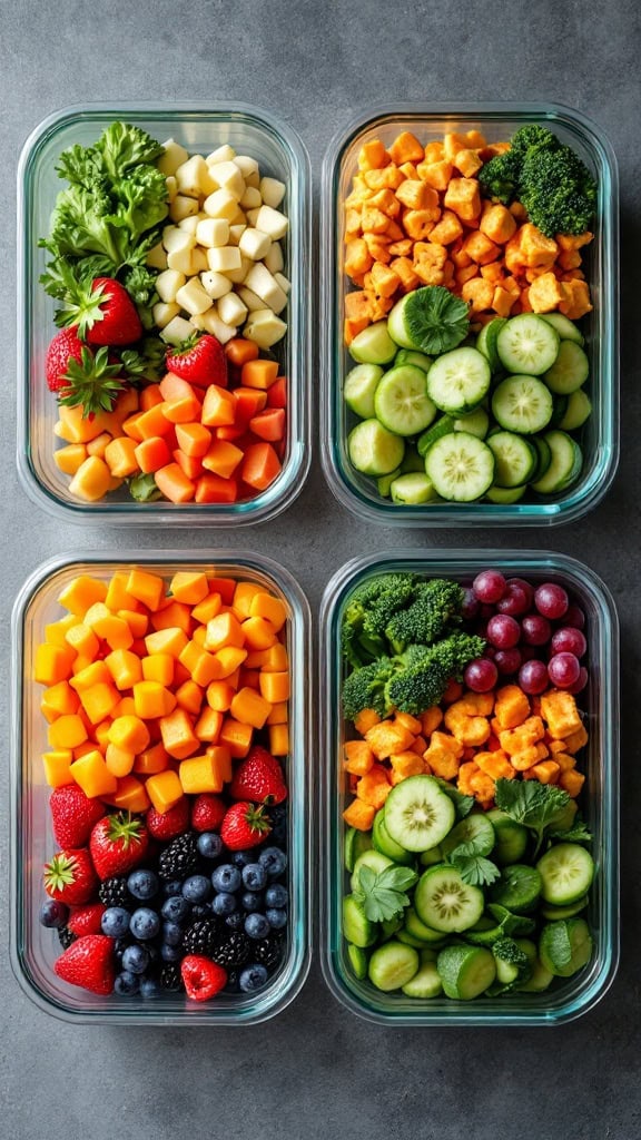 Four clear containers filled with colorful fruits and vegetables, neatly arranged for meal prep.
