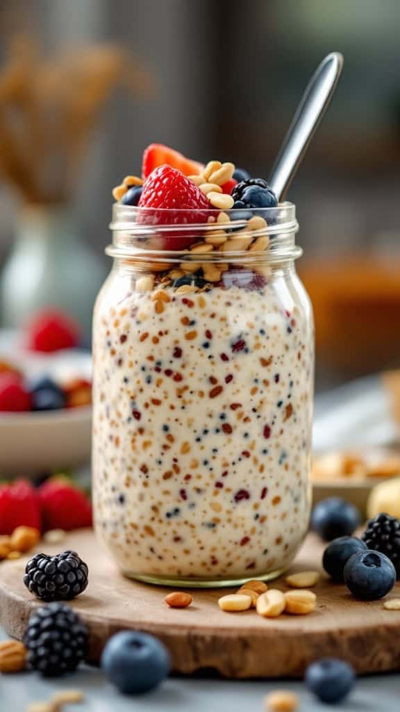 A jar of overnight oats topped with berries and nuts on a wooden surface.