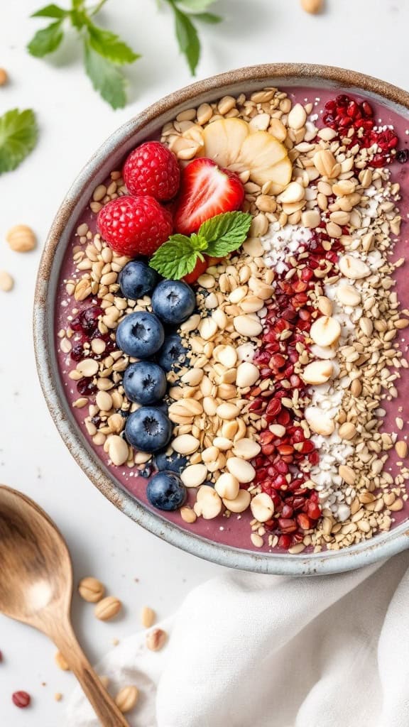 A colorful protein-packed smoothie bowl topped with fruits, seeds, and nuts.
