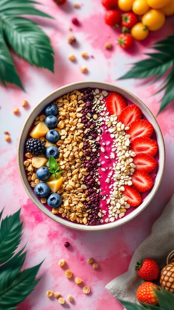 A colorful protein-packed smoothie bowl topped with granola, strawberries, blueberries, and mango.