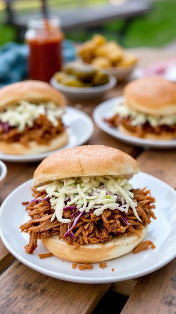 Pulled pork sandwiches with tangy slaw on a plate.