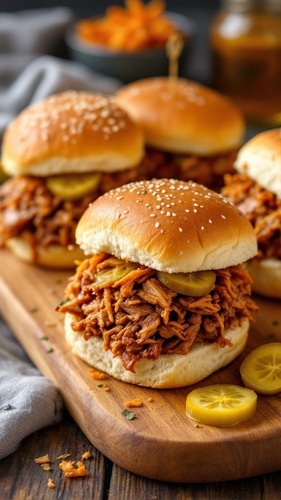 Pulled pork sliders with pickles on a wooden board.