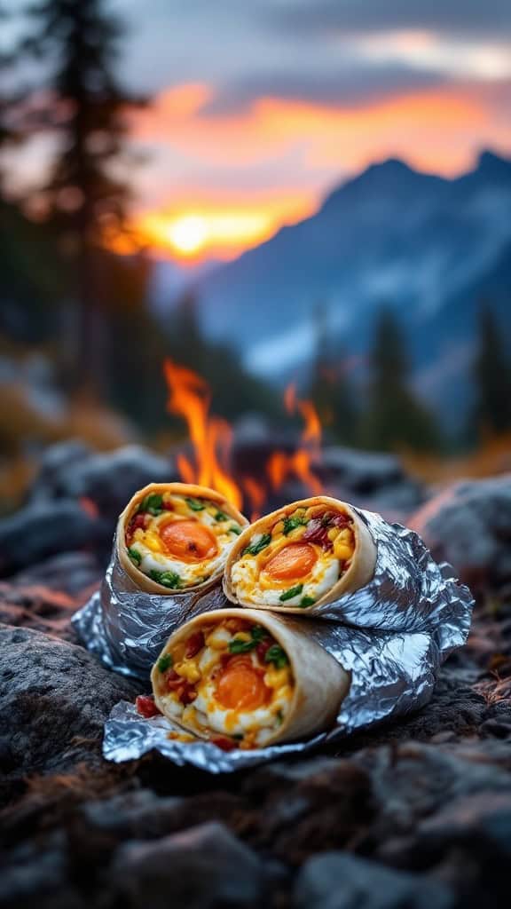 Breakfast burritos wrapped in foil with corn and eggs, set against a sunset backdrop.