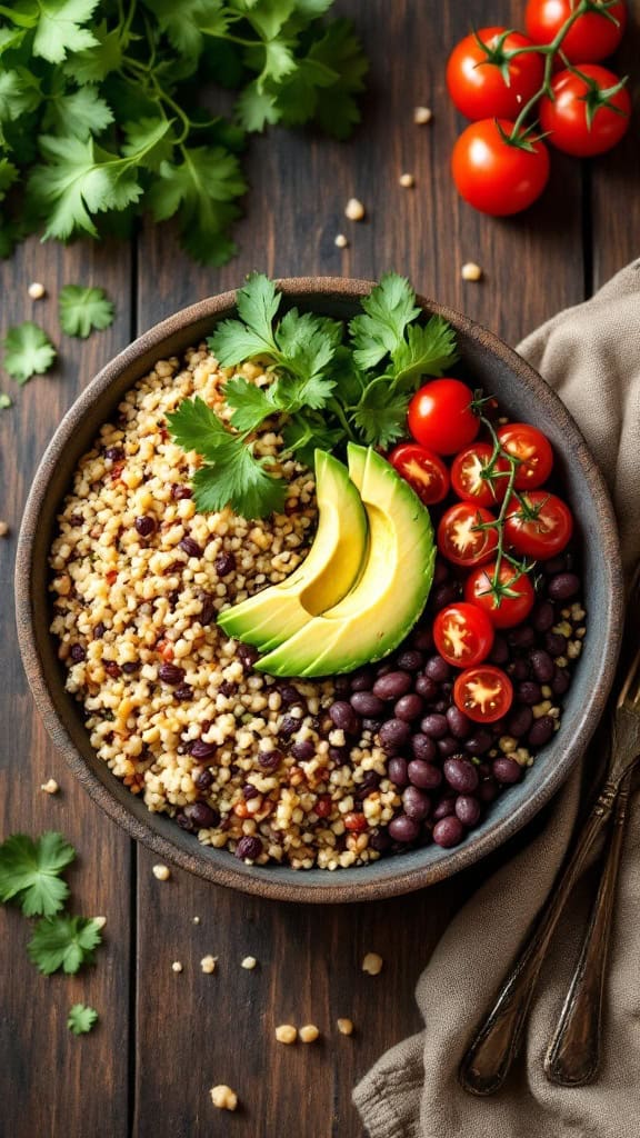 A bowl filled with quinoa, black beans, avocado slices, cherry tomatoes, and fresh cilantro.
