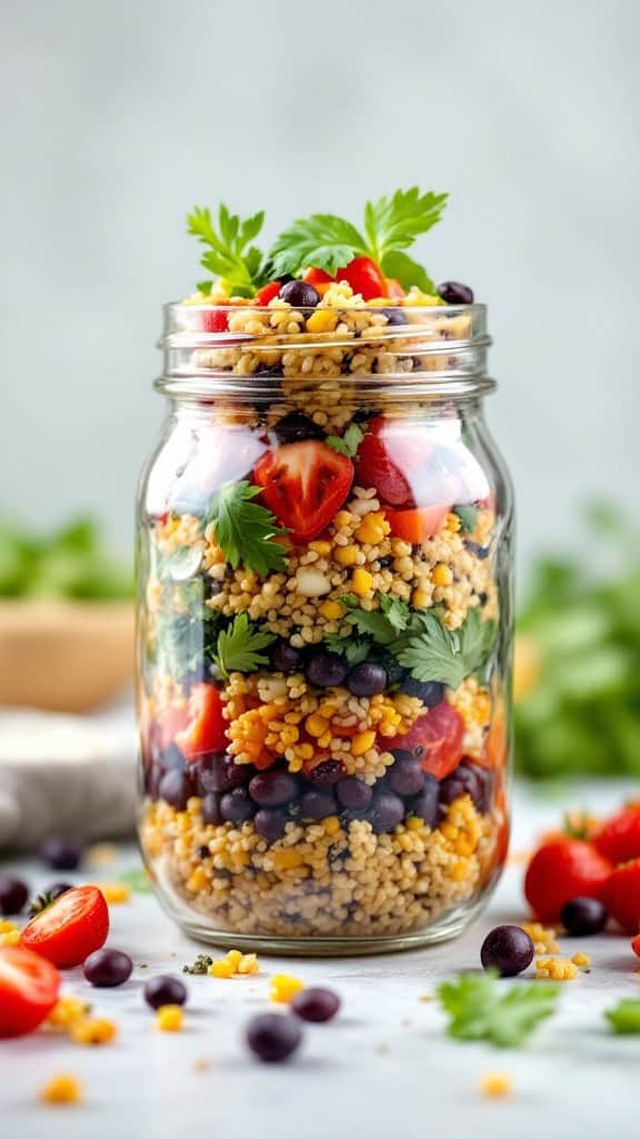 A mason jar filled with layered quinoa, black beans, cherry tomatoes, and fresh herbs.