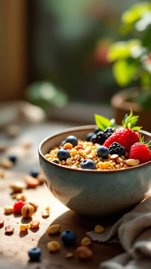 Quinoa breakfast bowl with nuts and berries
