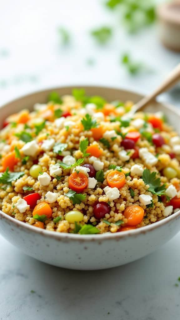 A vibrant quinoa salad with feta cheese, colorful veggies, and herbs in a bowl.