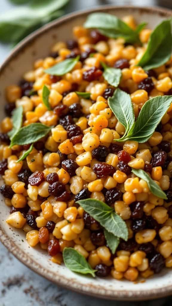A bowl of colorful raisin and sage stuffing with fresh herbs