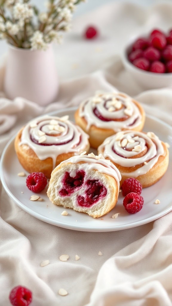 A platter of raspberry almond cream buns, some whole and one cut in half, with raspberries nearby.