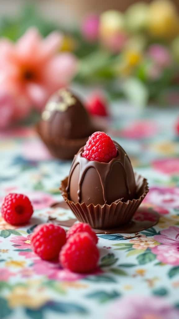 A chocolate Easter egg decorated with raspberries.