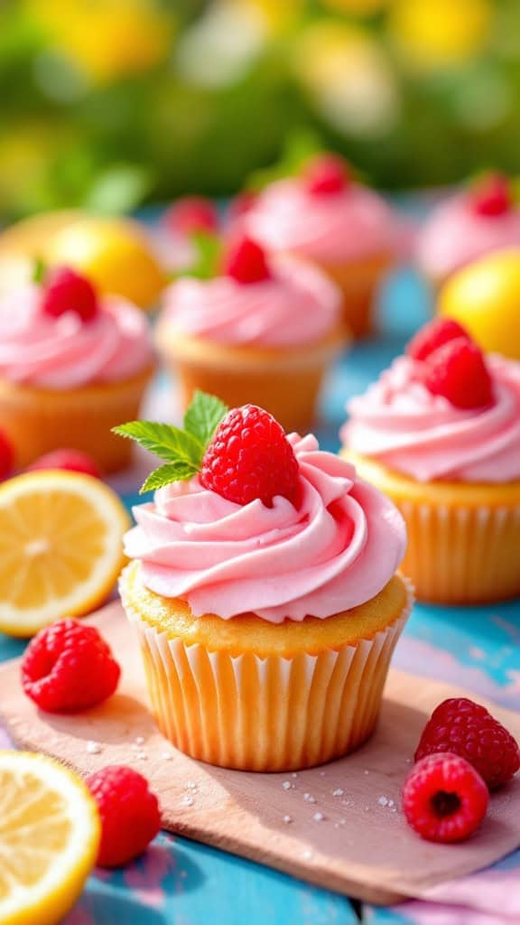 A delicious raspberry lemonade cupcakes topped with pink frosting and fresh raspberries.